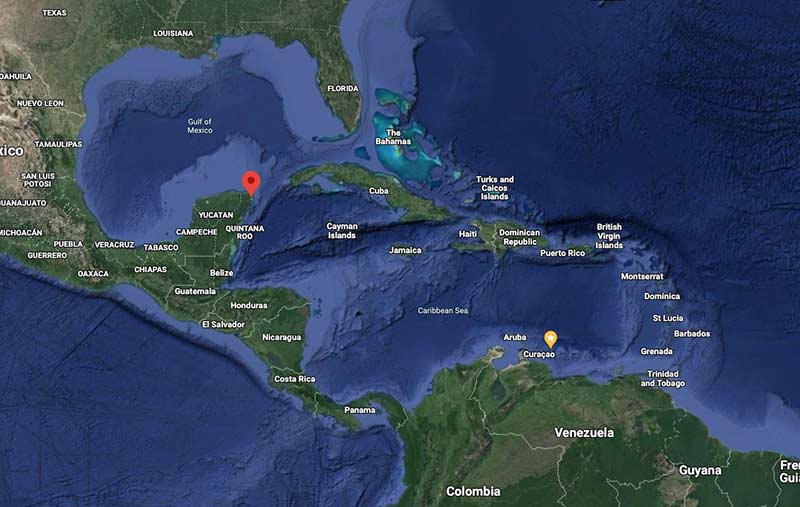 Map showing the distance between Bonaire and Mexico, which a tagged Green Sea Turtle travelled.